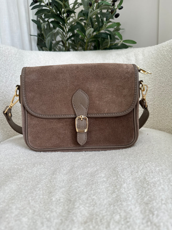 Taupe suede and leather crossbody bag