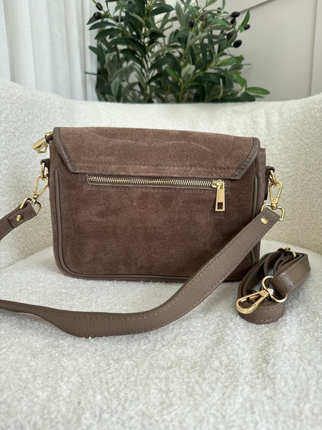 Taupe suede and leather crossbody bag
