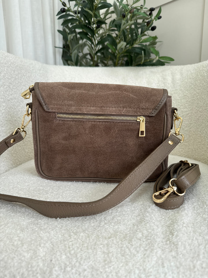 Taupe suede and leather crossbody bag