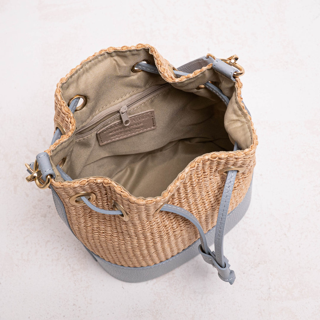 Amara Personalised Leather Raffia Bucket Bag