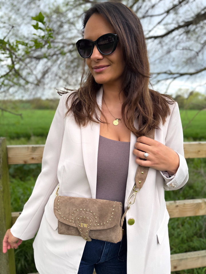 Arabella personalised suede crossbody bag with gold studs in Italian leather latte 