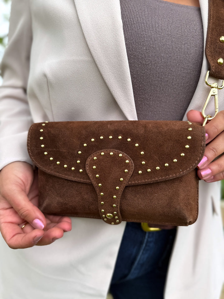 Arabella studded suede crossbody bag styled for festival outfit chestnut brown