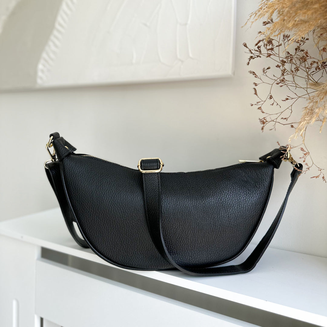 Lola leather crossbody sling bag in black with gold hardware