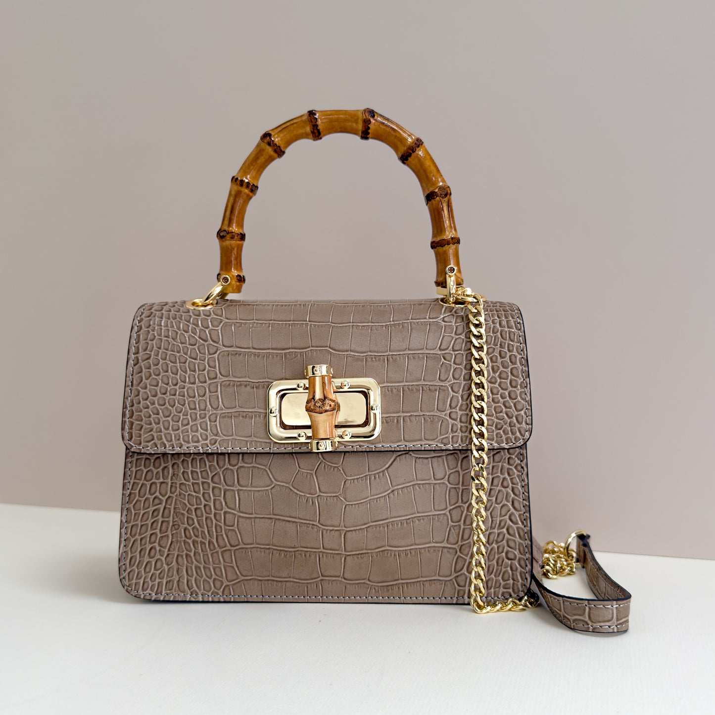 Anouska Croc Leather Bamboo Top Handle Crossbody Bag