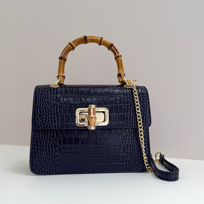Anouska Croc Leather Bamboo Top Handle Crossbody Bag