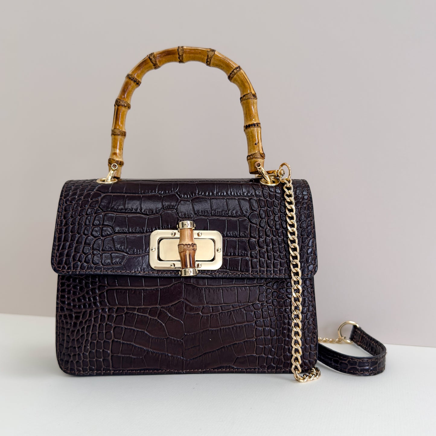 Anouska Croc Leather Bamboo Top Handle Crossbody Bag