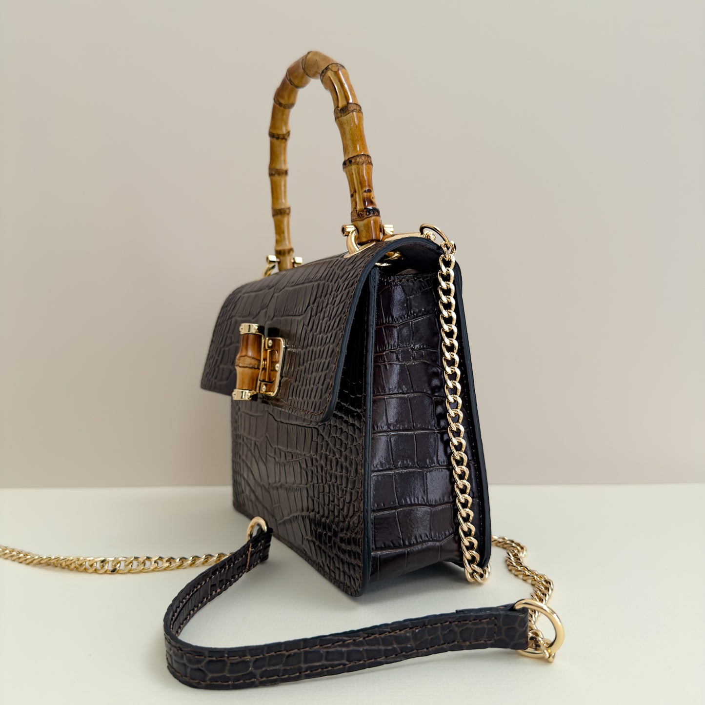 Anouska Croc Leather Bamboo Top Handle Crossbody Bag