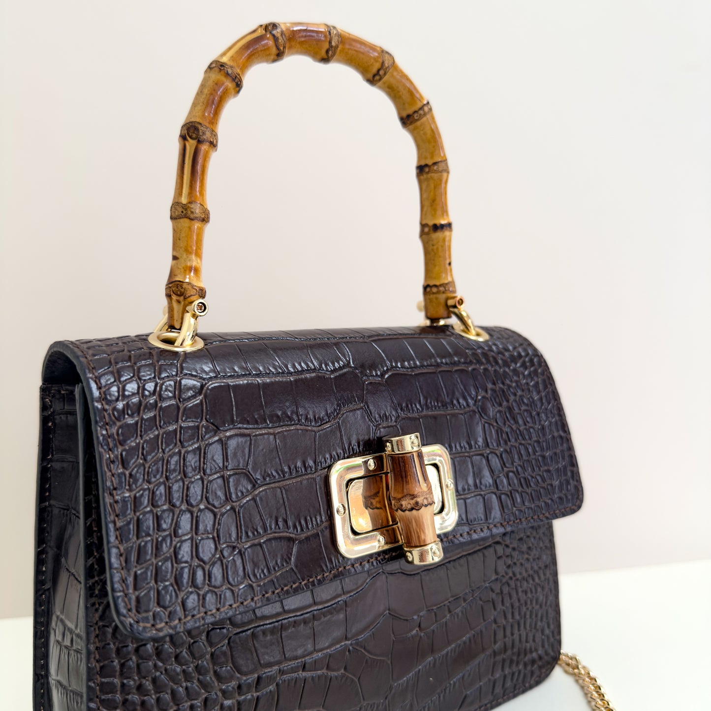 Anouska Croc Leather Bamboo Top Handle Crossbody Bag