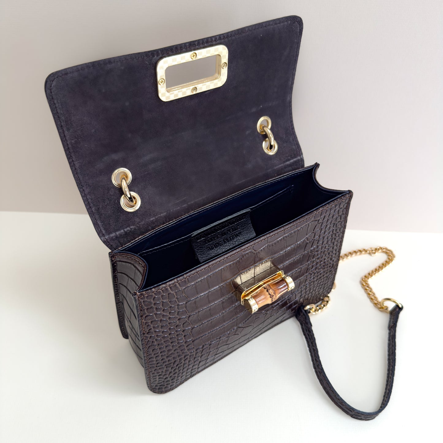 Anouska Croc Leather Bamboo Top Handle Crossbody Bag