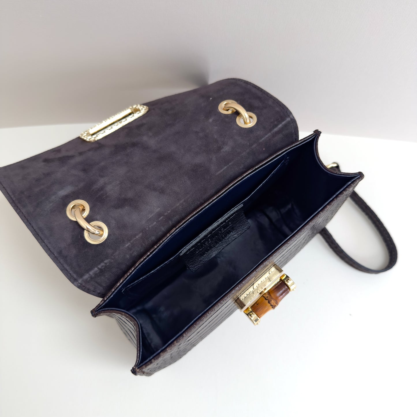 Anouska Croc Leather Bamboo Top Handle Crossbody Bag