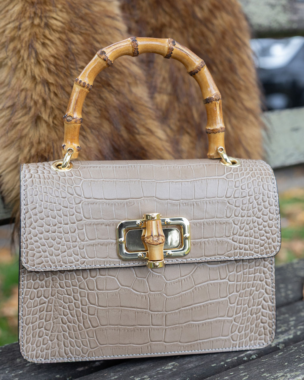 Anouska Croc Leather Bamboo Top Handle Crossbody Bag