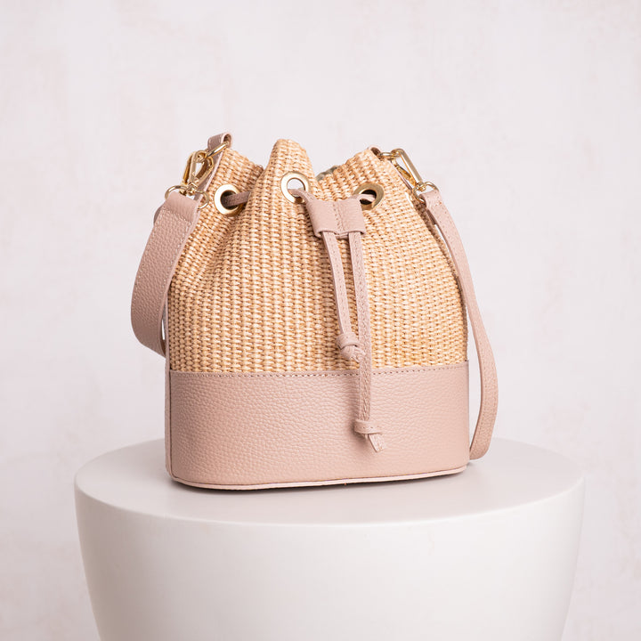Amara Personalised Leather Raffia Bucket Bag