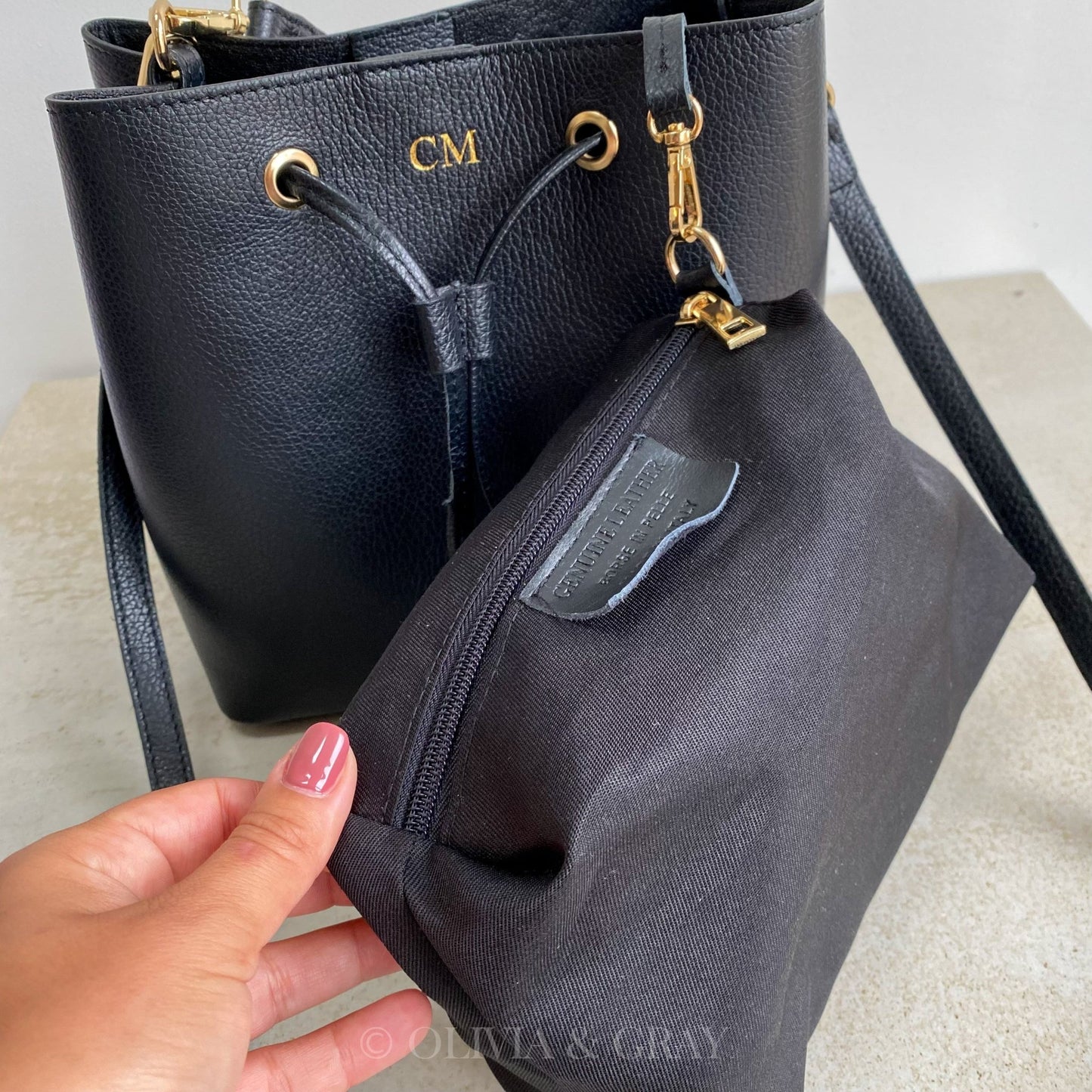 Elle Personalised Leather Bucket Bag Crossbody - OLIVIA AND GRAY LTD