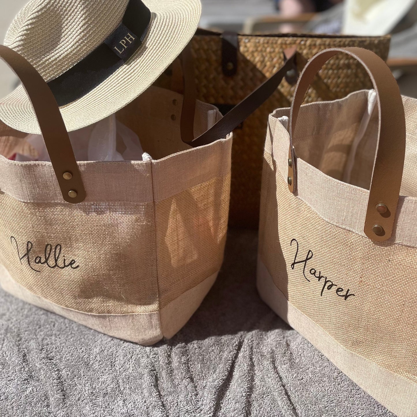 Personalised Small Jute Bag Leather Handle Shopper Beach Bag