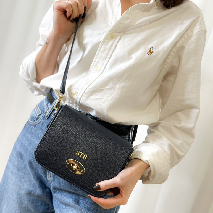 personalised navy leather messenger bag
