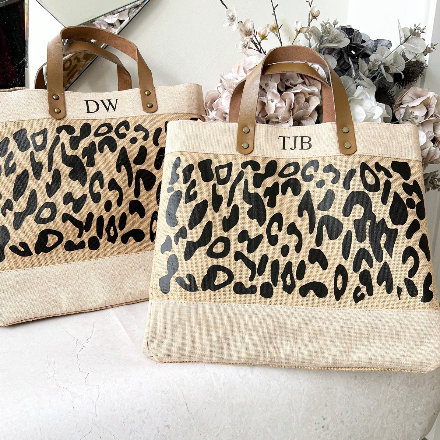 Personalised Leopard Print Large Jute Bag Leather Handle Shopper Beach Bag - OLIVIA AND GRAY LTD