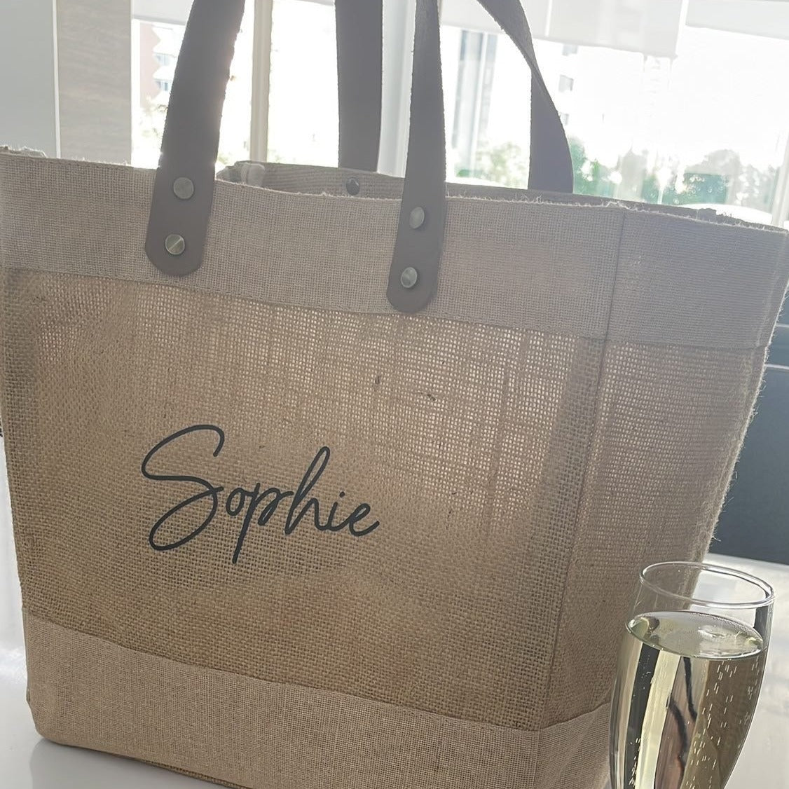 Personalised Small Jute Bag Leather Handle Shopper Beach Bag - OLIVIA AND GRAY LTD